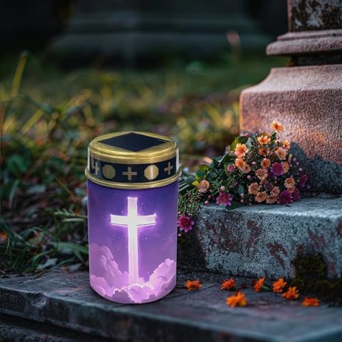 Poceacles Cross Solar Pathway Lights Pack of 4 Outdoor Grave Solar Lights Outside Waterproof Cemetery Flameless Candles Outdoor Solar Candle Grave Markers Eternal Decor, Cross Galaxy Cloud Violet - Image 3