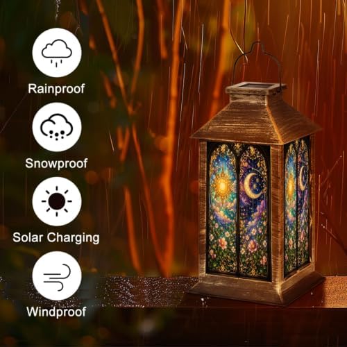 Solar Hanging Lantern Sun Moon Stained Glass Floral Gothic Window Celestial Night Sky Ornate Waterproof LED Lights Decor Patio Yard Lawn Porch Lamp, Birthday Gift for Mom Women Garden Outdoor Decor - Image 5