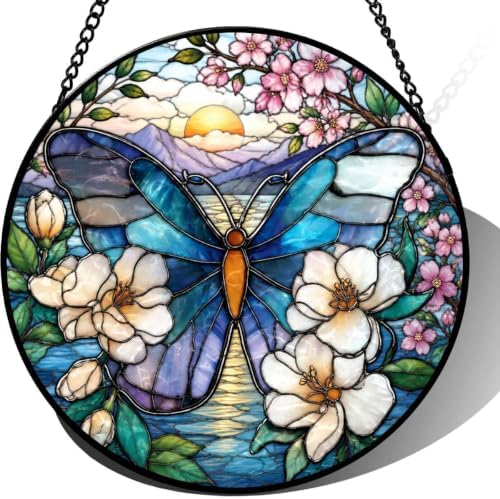 9.84 Inch Stained Glass Butterfly Suncatcher Cherry Blossom Window Hanging for Home Decor Nature Art Gift for Mom Birthday Gift for Her Garden Wall Art Unique Ornament by Unknown