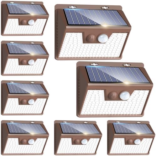 Peasur Brown Solar Lights Outdoor Motion Sensor 8 Pack, Ultra-Bright 3 Mode 140LED Fence Security Light Waterproof, Solar Wall Lighting for Patio Yard Step House Outside Cool White by Peasur