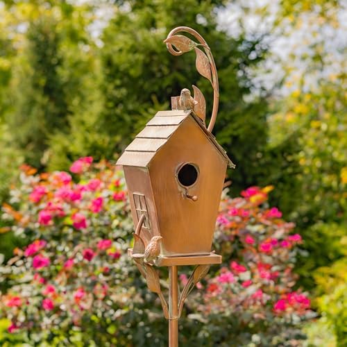 Copper Colored Fancy Design Birdhouse Garden Stakes (Stretched Classic House Shape) by ZaerLtd