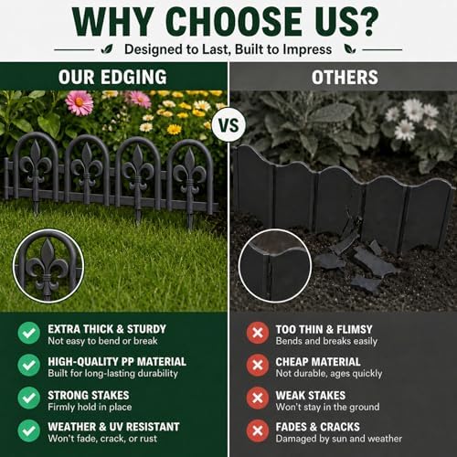 Evelyne Black Garden Border Plastic Edging – PP Plastic, Metal-Free Wrought Iron Look Design, 27pcs Black Yard Landscaping Fence Liner Lawn Edge Barrier, 35ft Kit of Decorative Lawn Landscape Panels - Image 6