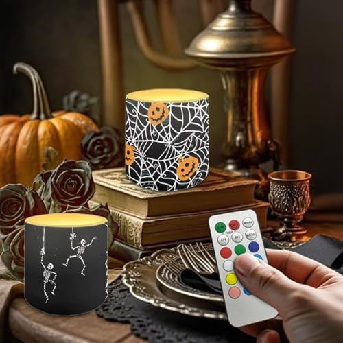 Halloween Flickering Flameless Candles with Remote Battery Operated Candles with Timer Control 4Pcs LED Pillar Tea Lights for Party Banquet Home Decor, Spider Web Pumpkin Skeleton - Image 3