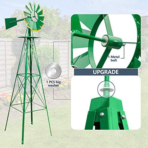 8FT Garden Windmill, Metal Yard Decor with Weather Vane, Green - Image 5