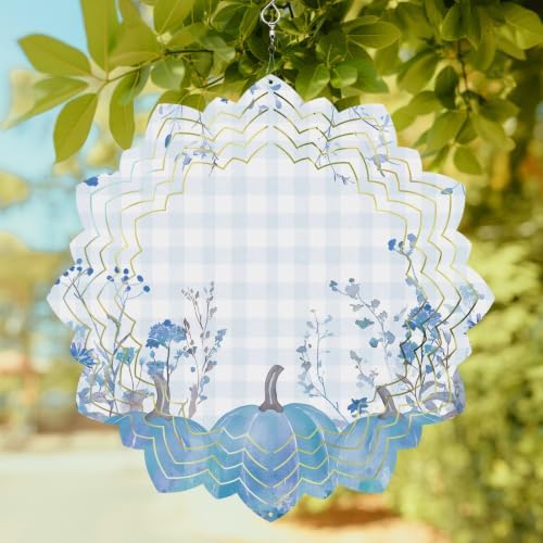 10 Inch Blue Pumpkins Wind Spinner for Yard and Garden,Thanksgiving Maple Leaf Harvest Retro Plaid Hanging Ornaments Outdoor 3D Kinetic Wind Sculpture Spinners Indoor Outdoor Patio Décor Gift - Image 2