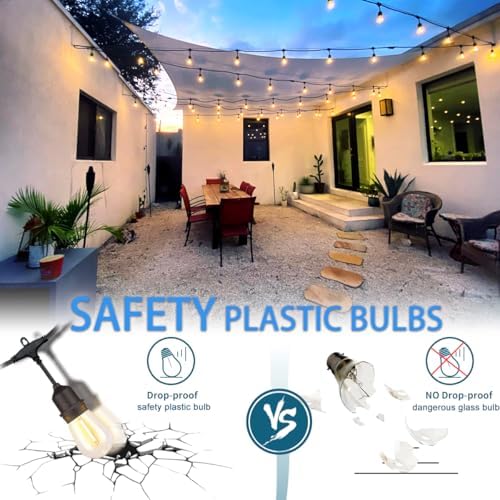 33FT Outdoor Waterproof String Lights with 11 Shatterproof Bulbs, IP65 Patio Lights for Garden Wedding Cafe - Tangle-Free Cables with Hooks (Warm White) - Image 3