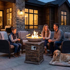 COSIEST Outdoor Propane Fire Pit Table w Faux Brown Compact Ledge Stone 20" Square Base and Faux Rose-Marble Round Bowl, Certified, 40,000 BTU, Free Lava Rocks, Fits 20lb Tank Inside, Raincover - Image 2