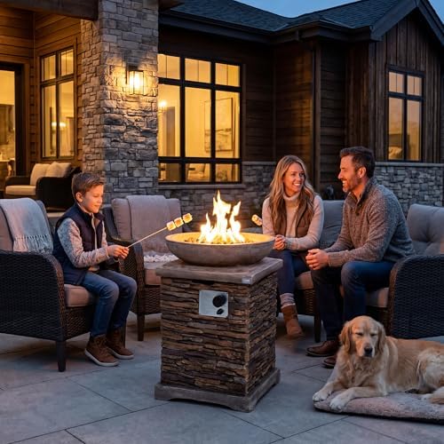 COSIEST Outdoor Propane Fire Pit Table w Faux Brown Compact Ledge Stone 20" Square Base and Faux Rose-Marble Round Bowl, Certified, 40,000 BTU, Free Lava Rocks, Fits 20lb Tank Inside, Raincover - Image 2
