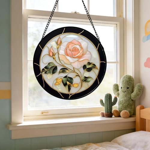 Pink Rose Stained Glass Window Hanging Suncatcher Gifts for Women 9.8" - Image 5