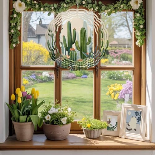 Wind Spinners for Yard Garden, Summer Cactus Tropical Plants 3D Stainless Steel Round Hanging Spinners Indoor Outdoor Kinetic Yard Art,12 Inch, Flower Green Plant - Image 4