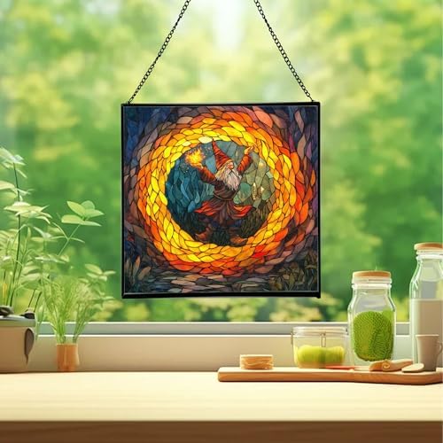 Fire Ring Gnome Dance Stained Glass Suncatcher – Square Hanging Window Panel for Home or Greenhouse – Whimsical Glass Art Gift for Garden Lovers, Christmas, Halloween, Father Days sMbiCD - Image 2