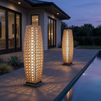 Solar Yard 2-Piece Outdoor Floor Lamp Solar Lantern, Water-Resistant Wicker Boho Patio Light with 50&100 Lumens Dual Brightness for Garden Porch Deck Decor, Large Diamond Natural by SolarYard