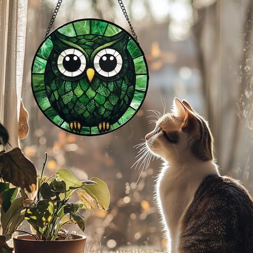 Owl Green Feathers Stained Glass Window Hanging Suncatcher Gifts 12" - Image 3