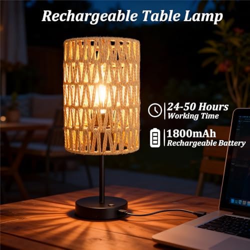 Rechargeable Outdoor Table Lamps, Rattan Boho Cordless Battery Operated Table Lamps, Patio Lamp for Living Room, Balcony, Bedside Decor- Set of 2 (Beige) - Image 5