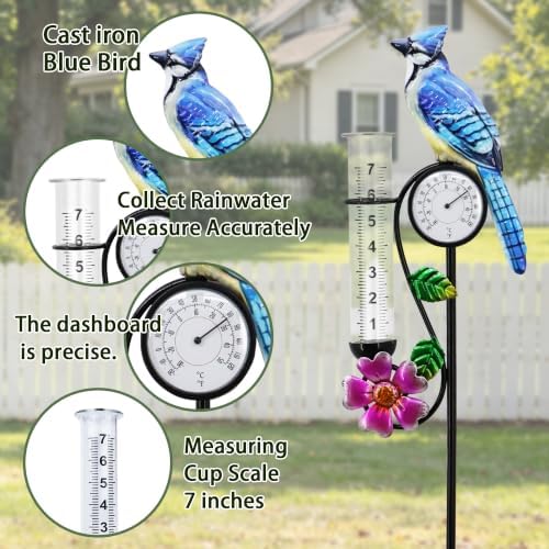 Rain Gauge 39in Metal Bluebird Garden Stake with Thermometer Decor - Image 4