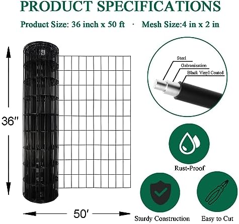 Black PVC Coated Welded Wire Fence 36" x 50' Roll, 2"x4" Mesh, 14 Gauge - Image 3