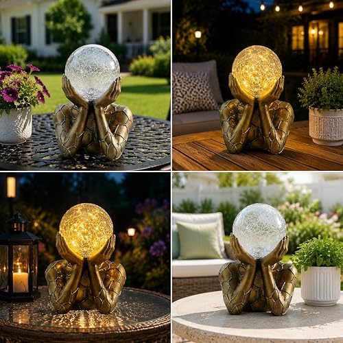 Solar Garden Statue with Crackle Glass Gazing Ball, Outdoor Warm LED Decor - Image 6