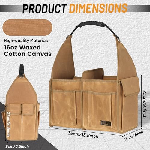Tool Bag, 13.8-inch Heavy Duty Wide Mouth Water-Resistant Waxed Canvas Garden Bag with Reinforced Bottom for Tools, Wrenches, Screwdrivers | Khaki - Image 2