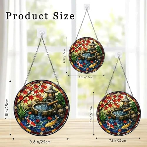 Stained Glass Window Hanging Japanese Koi Pond Maple Leaves Garden Lantern Sun Catchers Tranquil Zen Water Fountain Japanese Style Suncatchers for Home Porch Garden Indoor & Outdoor Decor (9.8x9.8 IN) - Image 3