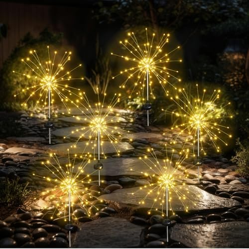 Solar Garden Firework Lights Outdoor Waterproof, 6 Pack Solar Lighting with 8 Lighting Modes, 120 LED Sparklers String Lights for Outside Decor Yard Pathway Decorations(Warm) by AureateHorizon