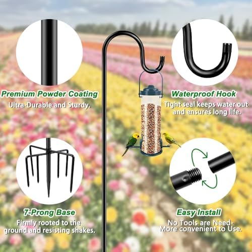 ANIDEER 96" Shepherds Hooks for Outdoor, Heavy Duty Garden Bird Feeder Pole Hanging Bird Feeder, Solar Light Lanterns, Outdoor Plant Hanger Hook with 7 Base Prongs, 1 Pack - Image 2