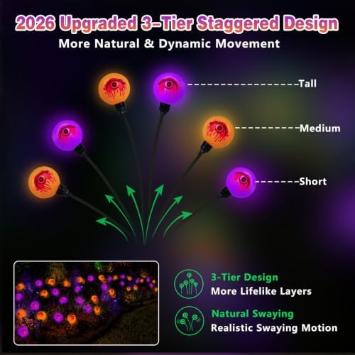 EEW Solar Halloween Decorations Outdoor 6 Pack Eyeball Lights Orange Purple - Image 3