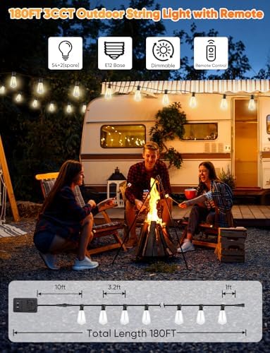 Brightever 180FT LED String Lights with Remote Control, 2700K/4000K/5000K Selectable Outdoor Patio Lights with 56 Shatterproof ST38 Edison Bulbs, 3 Modes Dimmable Outside Light for Yard, Porch - Image 5