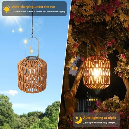 2 Pack Solar Lanterns Outdoor Waterproof, Rattan Solar Lights for Garden, Patio, Yard, Hanging Decorative Landscape Lighting with Auto On/Off, Warm White - Image 3