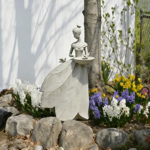 DiliComing Fairy Garden Statue Bird Feeder - 23-inch Large Sculpture for Outdoors Statues Bird-Bath Yard Decorations Fairy Garden Statue Grey White - Image 3