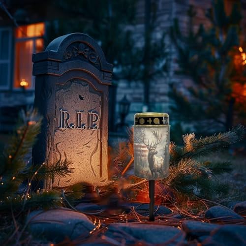 Poceacles Deer American Flag Forest Outdoor Lights Solar Powered Flameless Candle Cemetery Votive Candles Waterproof Outdoor Memorial Candle Solar Stake Lights Home Outdoor Decoration, 4 PCS - Image 2