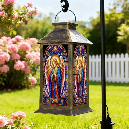 Solar Lantern Vibrant Stained Glass Art Praying Angel Garden Hanging Lantern Waterproof Solar Powered Lighting Outdoor Table Lamp for Patio Yard Memorial Gifts Grave Decorations for Cemetery - Image 2