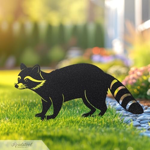 RealSteel - Garden Art Raccoon Family 3 Pack | Metal Yard Decor | Outdoor Garden Stakes | Wildlife Animal Decor | Custom Steel Art | Rust Resistant | Lawn Ornaments for Garden & Pathways (Penny Vein) - Image 2