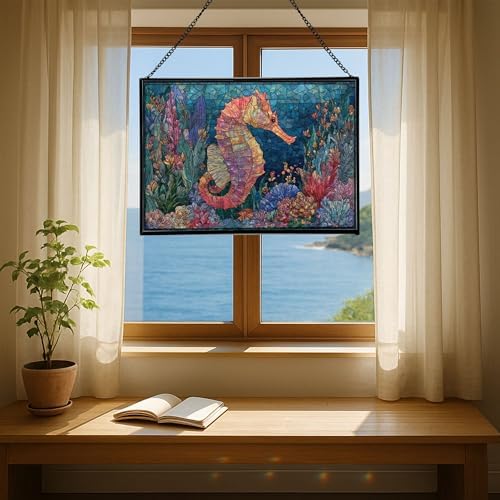 Glowing Coral Garden with Tiny Seahorse Rectangular Stained Glass Suncatcher – Hanging Window Panel with Animal & Nature Scene – Vibrant Glass Art Gift for Wildlife, Fantasy, Nature Lovers zHBtGp - Image 6