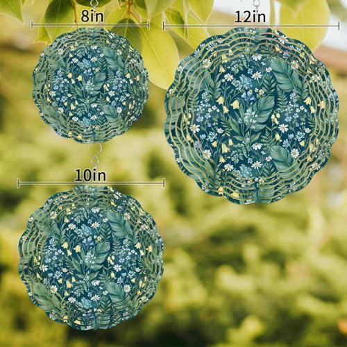 Dark Green Flower Wind Spinner for Garden Yard 12In, Spring Blue Yellow Floral Country 3D Stainless Steel Kinetic Hanging Wind Spinners Rustproof Outdoor Decor for Lawn Patio Home - Image 4