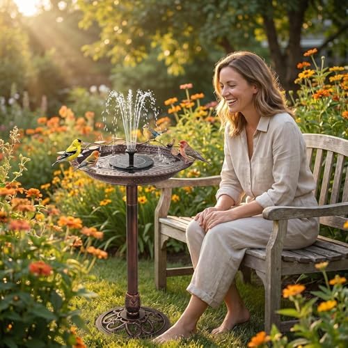 Metal Bird Bath with Solar Fountain Pump & LED Lights, 34" Tall Iron Birdbath for Outdoors, Heavy Duty Cast Iron Pedestal Bird Bath for Garden Yard Patio Lawn Deck, Bronze Finish - Image 4