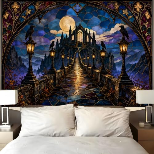 Gothic Castle Tapestry, Raven Full Moon Stained Glass Design 60x80inch - Image 5