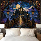 Gothic Castle Tapestry, Raven Full Moon Stained Glass Design 60x80inch - Image 5