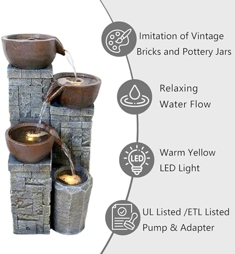 19.3'' 4-Tier Water Fountain with Lights, Brown - Image 3