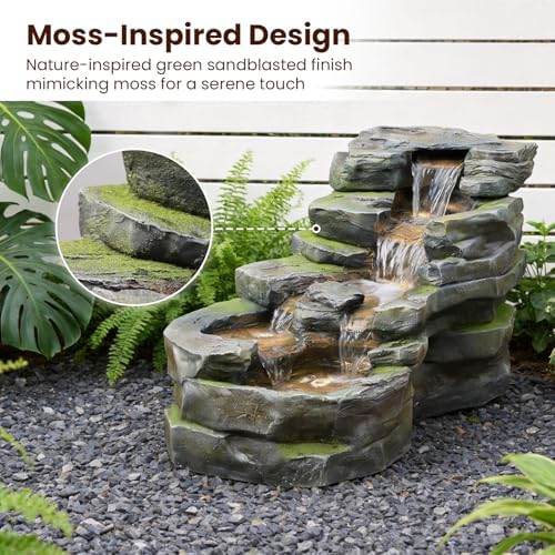 Sunlinua Garden Water Fountain Outdoor Feature, 5-Tier Rock Water Fall Fountains, Natural Waterfall Outdoor Fountains with Pump, LED Lights for Patio, Porch, Home Art Decor, 31 Inch Length - Image 4