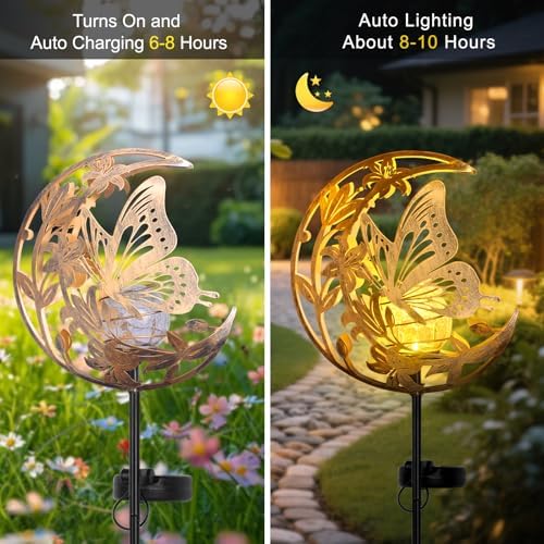 SHANGTIANFENG Butterfly Lights Outdoor Decor - Moon & Bird SolaGardenLights Waterproof, Auto On/Off Pathway Lighting for Yard/Lawn/Patio, Handcrafted Metal Solar-Stake-Lights for Outside Decorations - Image 3