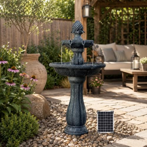 XBrand 44" H Gray Fiberglass/Resin 2-Tier Solar Water Fountain w/Solar Panel and Auto-Shut Off Pump, Solar Garden Fountain, Tall Outdoor Fountain, Two Tiered Birdbath Fountain - Image 4