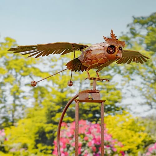 Zaer Ltd. Large Flapping Owl Garden Stake, Metal Wind Kinetic Sculpture, Rusty Color Yard Art Decoration, 58H x 35.5L x 21W inches by ZaerLtd