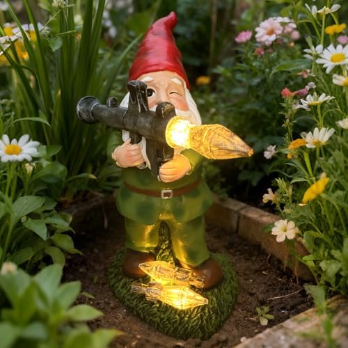 Large Garden Gnome Statue with Guns, Solar Military Army Soldier Guardian Hunter Gnome Garden Decoration Figurine Lights Porch Decor Valentine's Day Men Gift Scale War Combat Guards Patriotic Dwarves by Unknown