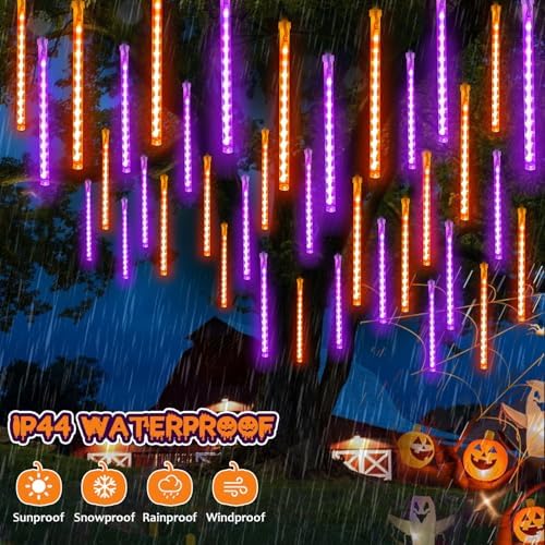 Halloween Meteor Shower Lights Outdoor 2 Pack 16 Tubes Orange and Purple - Image 3