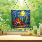 Night Camp Gnome Stained Glass Suncatcher – Square Hanging Window Panel for Home or Greenhouse – Whimsical Glass Art Gift for Garden Lovers, Christmas, Halloween, Father Days YYXOkZ - Image 2