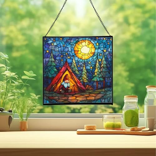 Night Camp Gnome Stained Glass Suncatcher – Square Hanging Window Panel for Home or Greenhouse – Whimsical Glass Art Gift for Garden Lovers, Christmas, Halloween, Father Days YYXOkZ - Image 2
