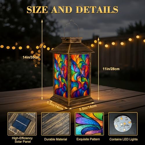 Solar Lantern Outdoor Waterproof Sketch Colorful Stained Glass Window Abstract Stained Glass Art Garden Decor LED Hanging Solar Lights Tabletop Lamp Gifts for Women Mom Outside Yard Patio Porch - Image 2