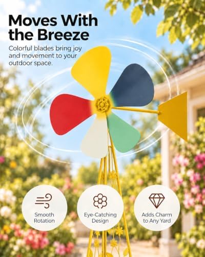 6FT Windmill for Yard Garden Decoration, Heavy Duty Outdoor Wind Mills, Large Metal Outdoor Windmill, Weather Resistant, with Weather Vanes, Yellow - Image 3