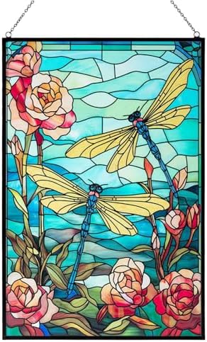 Stained Glass Window Hanging, Dragonfly Suncatchers for Windows Hanging, Handcrafted Sun Catchers Indoor Window Panel for Home Decor, Gift for Mom, Wife, Friends, Rectangular W10 xH15 by ROSNINIKA
