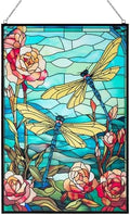 Stained Glass Window Hanging, Dragonfly Suncatchers for Windows Hanging, Handcrafted Sun Catchers Indoor Window Panel for Home Decor, Gift for Mom, Wife, Friends, Rectangular W10 xH15 by ROSNINIKA